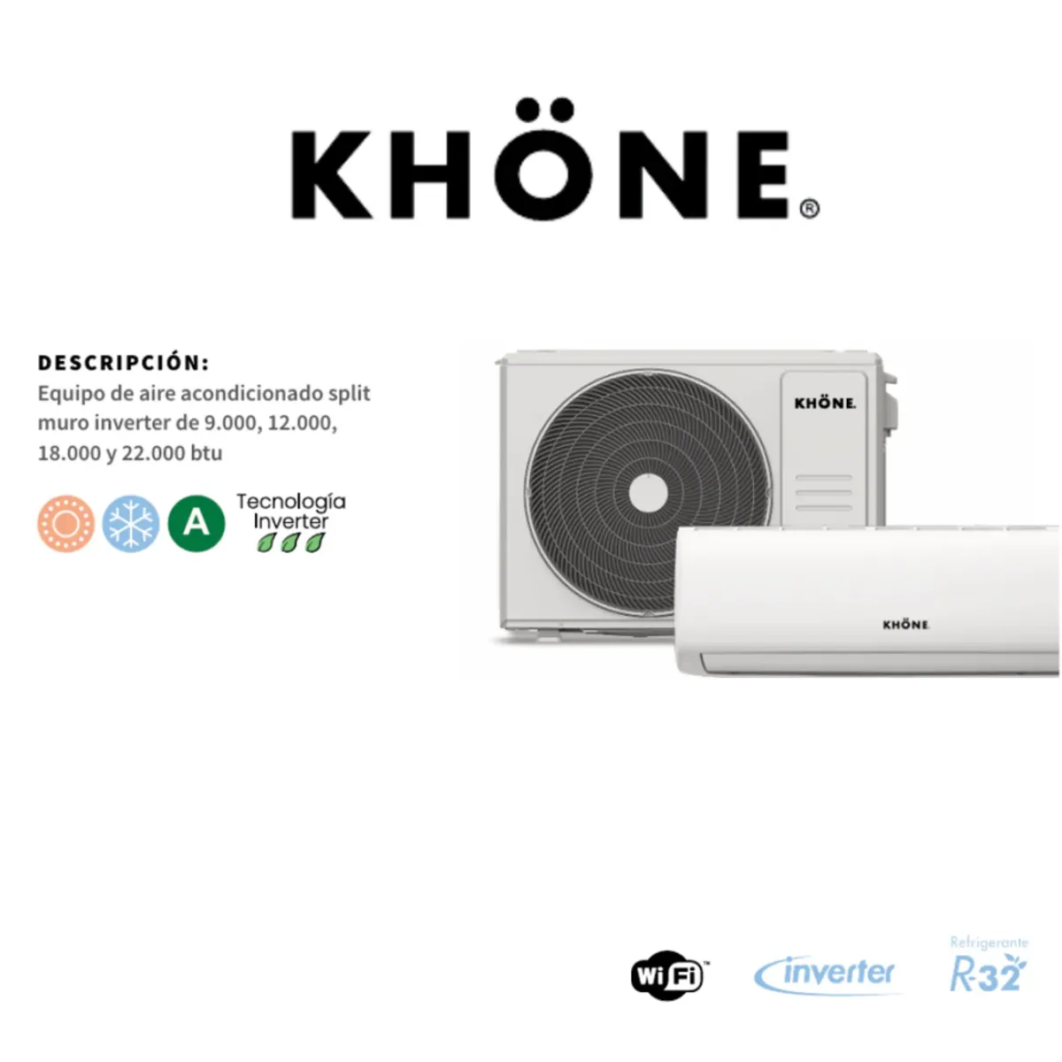KHONE - Aire acondicionado tipo split Inverter de 12000 btu Khone R32