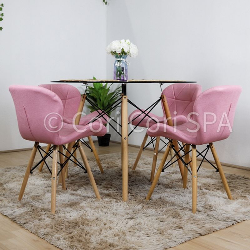 CORI CORI - Mesa Eames Vidrio 100cm + 4 Sillas Mariposa Eames Rosa