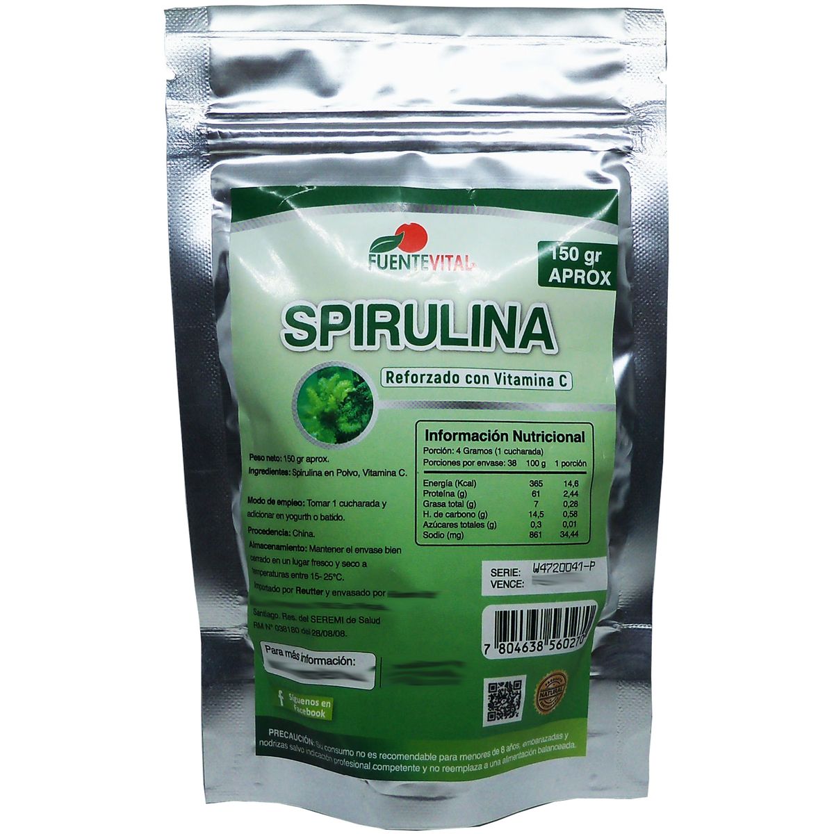 FUENTEVITAL - 2 x Spirulina Pura En Polvo 100% Organico Con Vit C 150 Gr