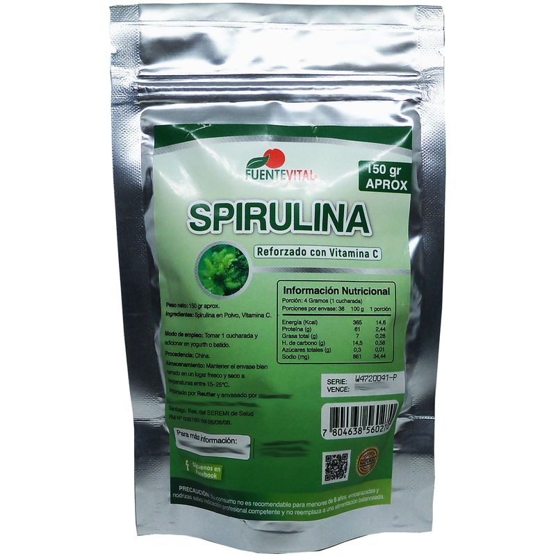 FUENTEVITAL - 2 x Spirulina Pura En Polvo 100% Organico Con Vit C 150 Gr