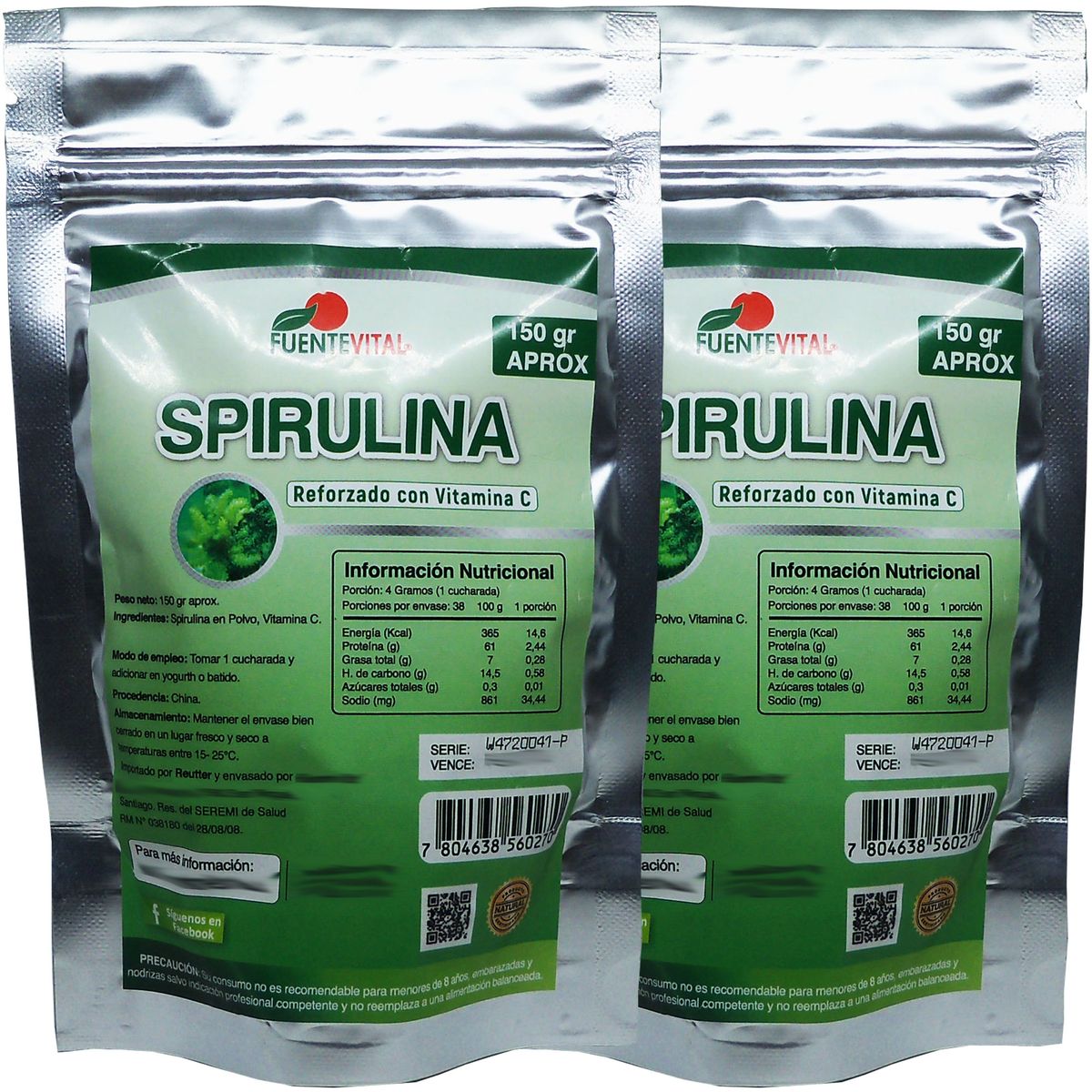 FUENTEVITAL - 2 x Spirulina Pura En Polvo 100% Organico Con Vit C 150 Gr