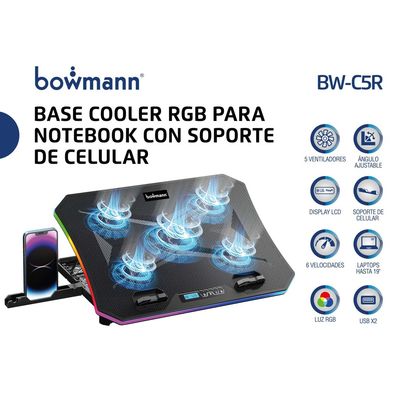 Imagen 2 del producto Base Cooler Notebook Rgb Con Soporte Celular Bw-c5r