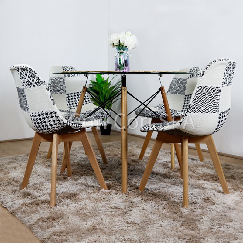 CORI CORI - Juego de Comedor Mesa Eames Vidrio 100cm + 4 Patchwork Wood Chess