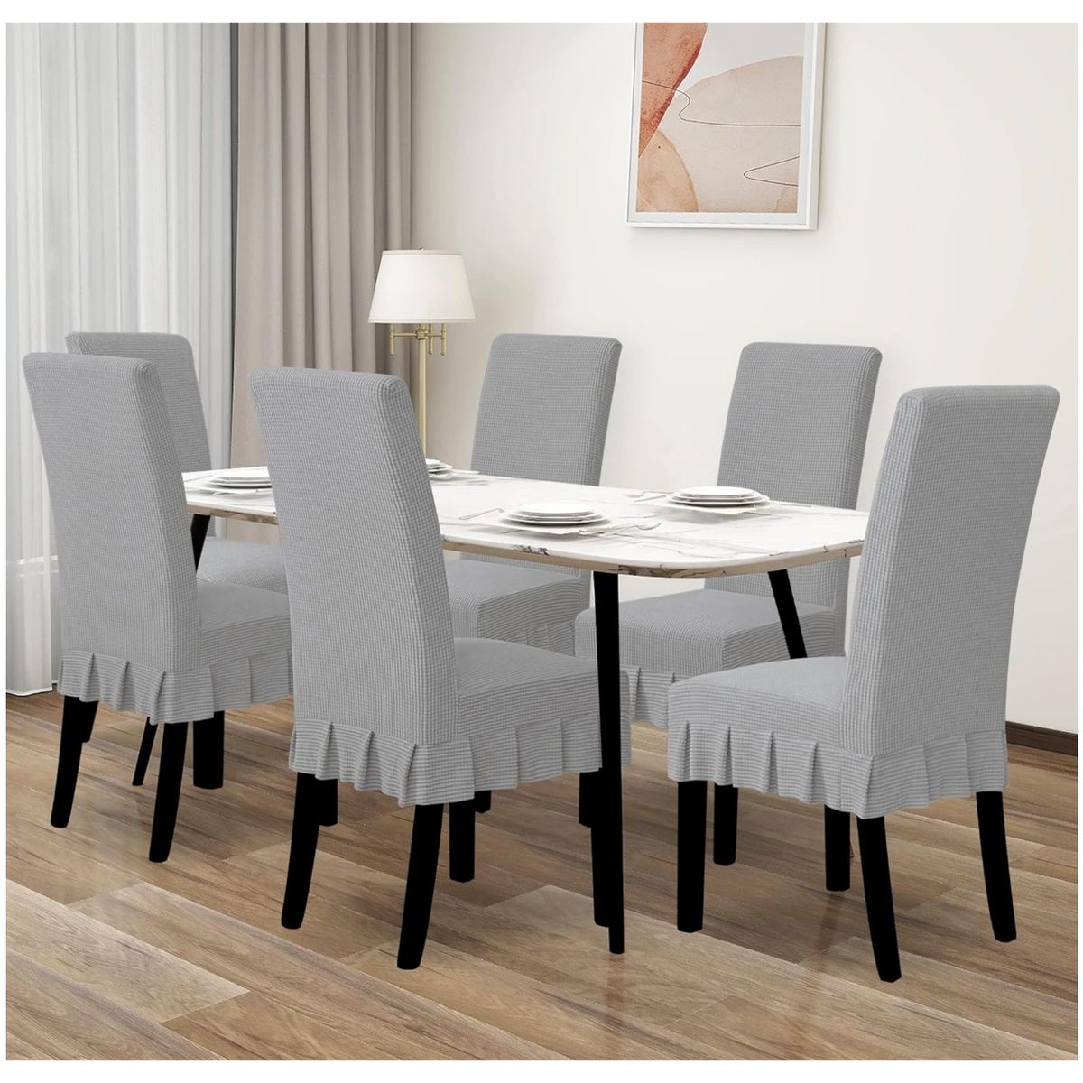 GENERICO - set de 6 fundas para sillas tela gruesa cuadrille con falda gris diana