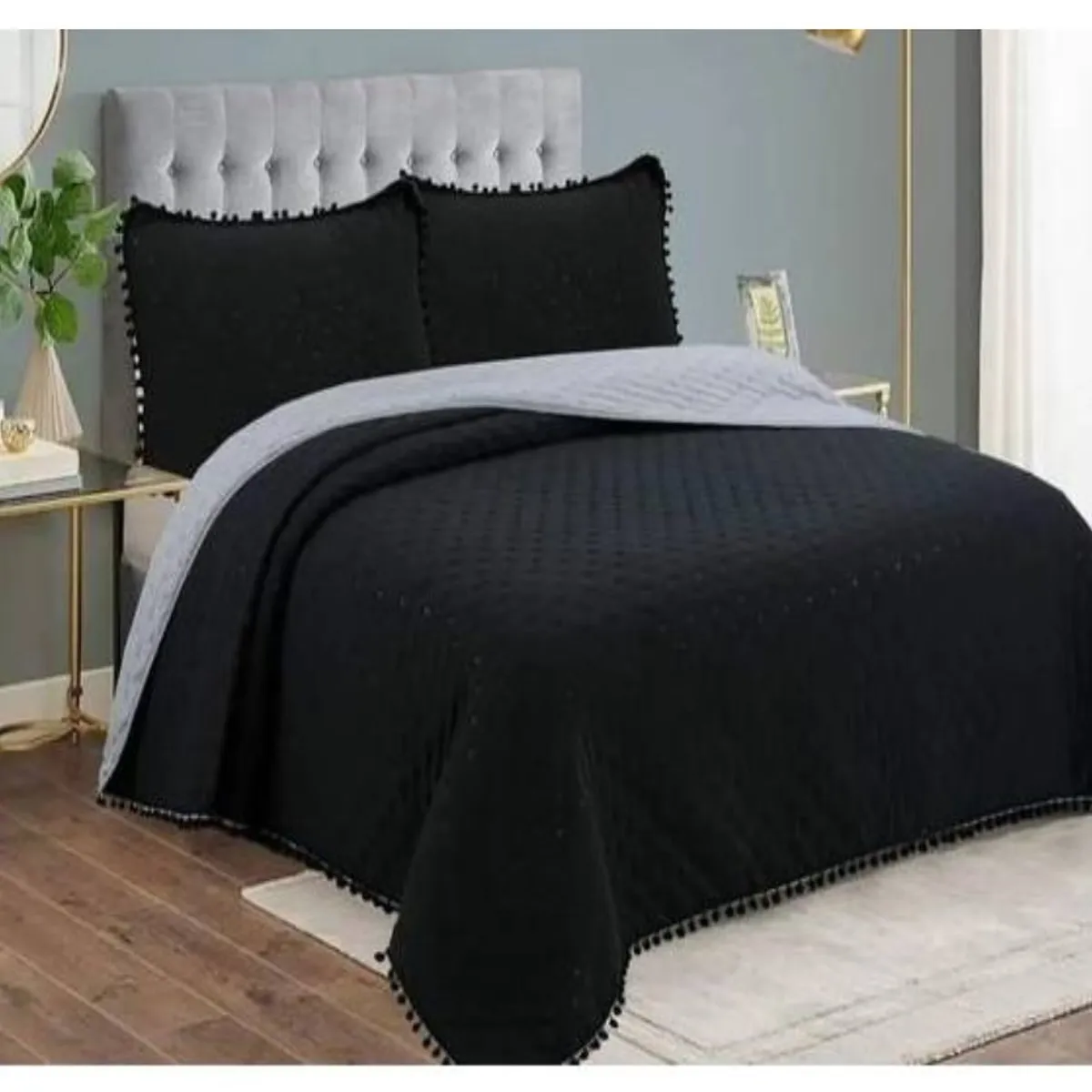 COMPRAPO - Cubrecama Quilt Algodón Pompones 2 Plazas + 2 Fundas Color Negro