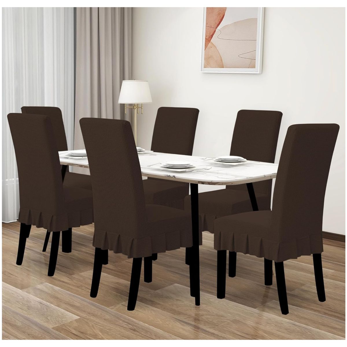 GENERICO - set de 6 fundas para silla tela gruesa cuadrille con falda marron diana