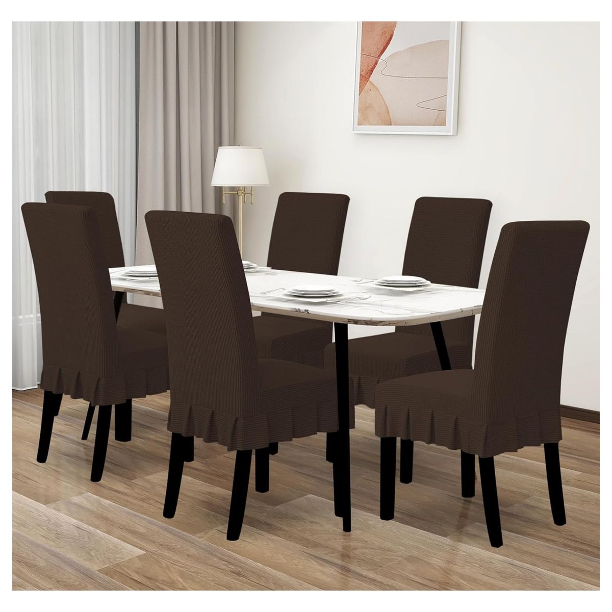 GENERICO - set de 6 fundas para silla tela gruesa cuadrille con falda marron diana
