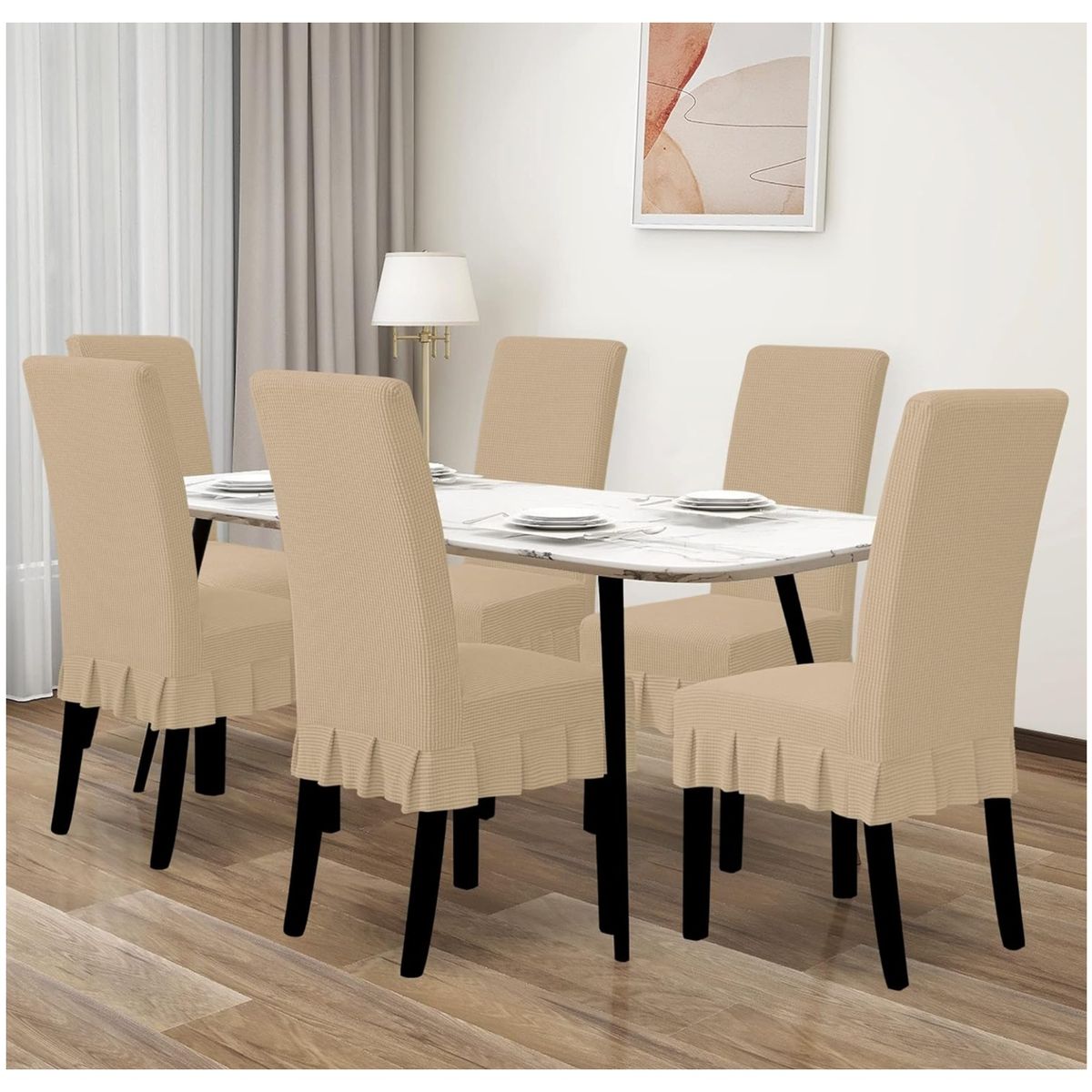 GENERICO - set de 6 fundas para silla tela gruesa cuadrille con falda beige diana