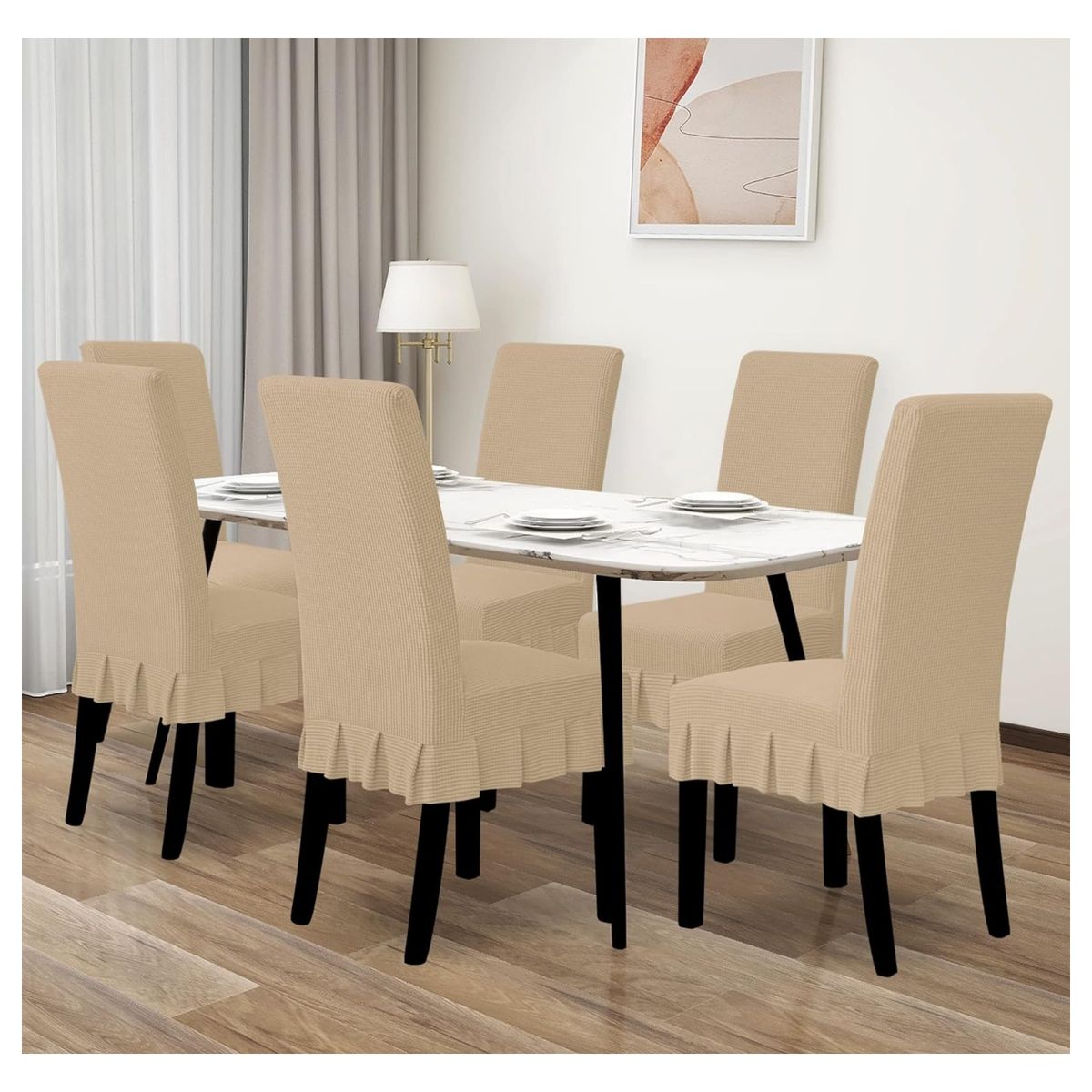 GENERICO - set de 6 fundas para silla tela gruesa cuadrille con falda beige diana
