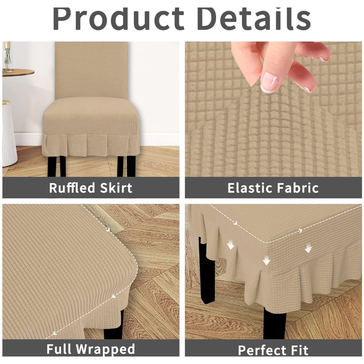 GENERICO - set de 6 fundas para silla tela gruesa cuadrille con falda beige diana