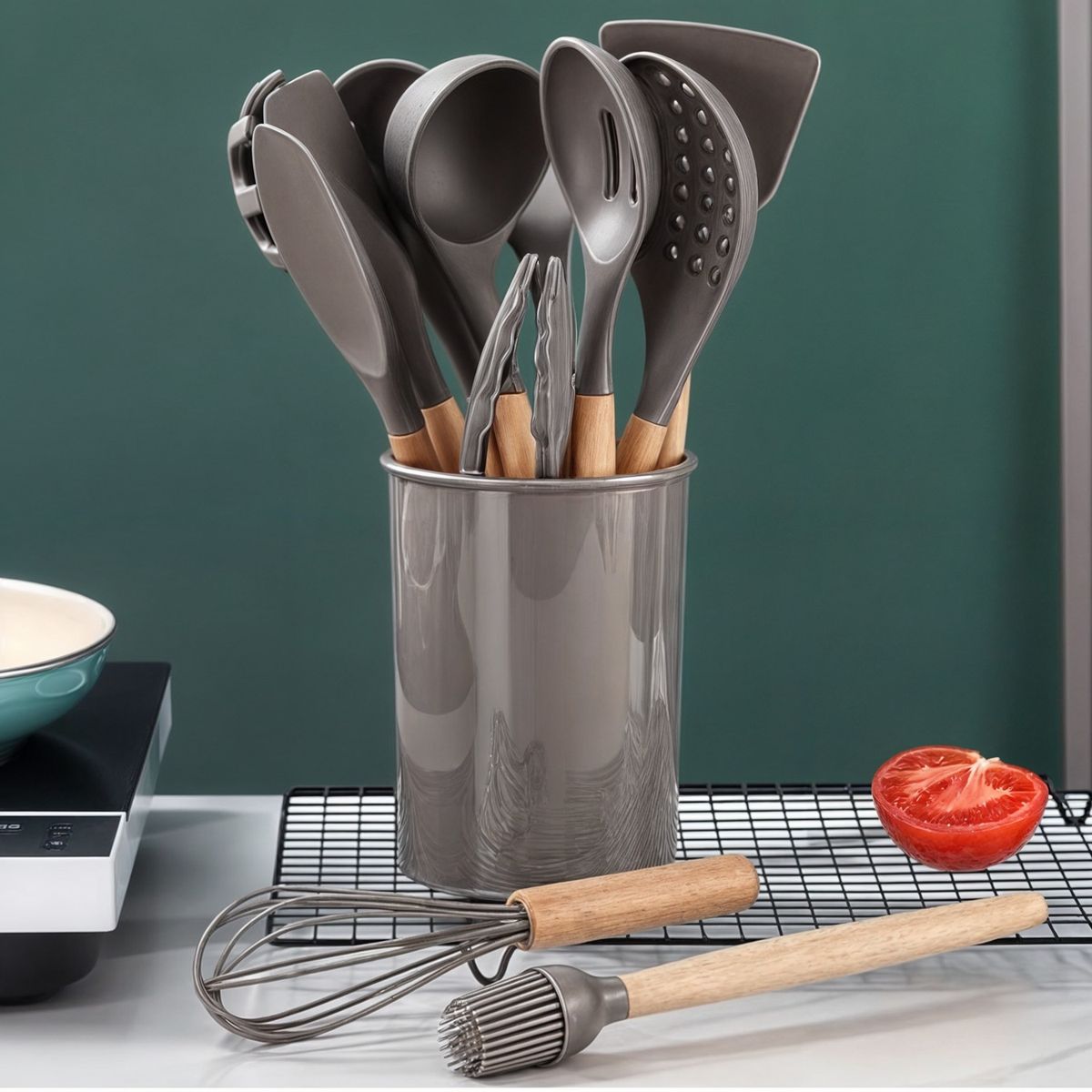 GENERICO - kit 10 utencilios de cocina set cucharones utencilios madera silicona