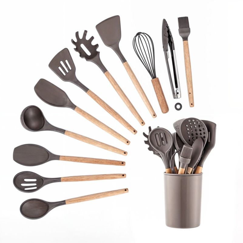 GENERICO - kit 12 utencilios de cocina set cucharones utencilios madera silicona