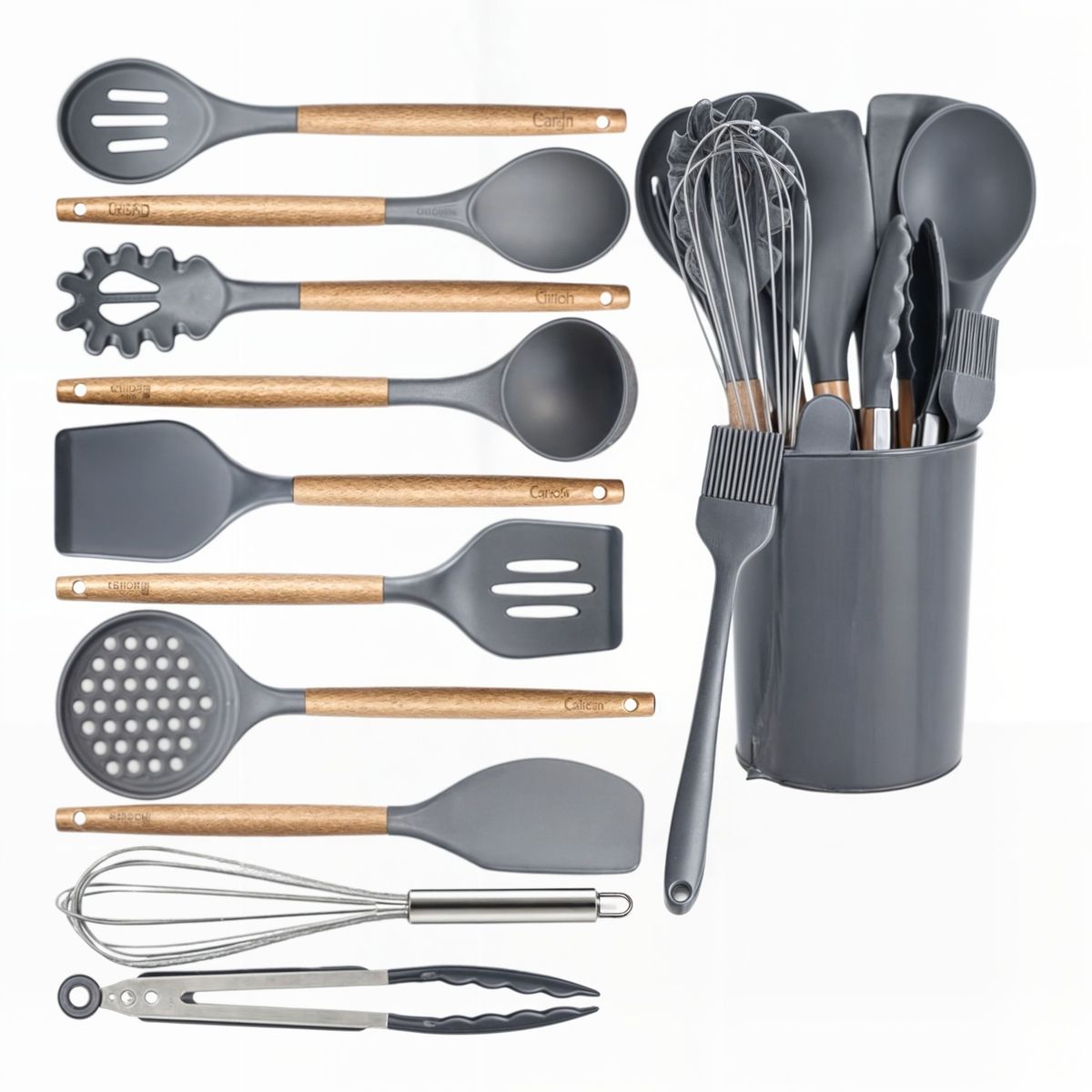 GENERICO - kit 10 utencilios de cocina set cucharones utencilios madera silicona