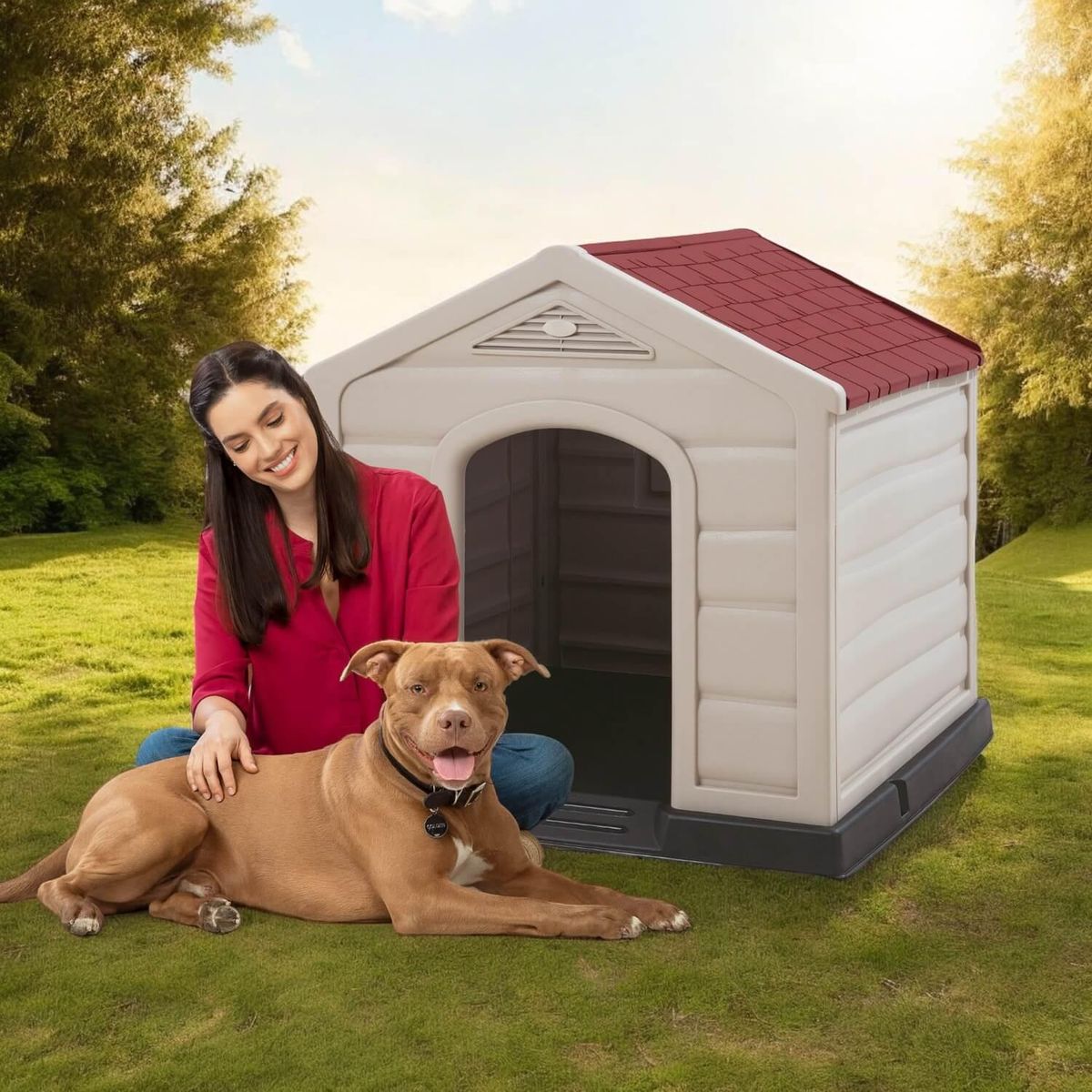 RIMAX - Casa Para Perro Techo Rojo Tamaño Grande 92x90x89 cm Rimax