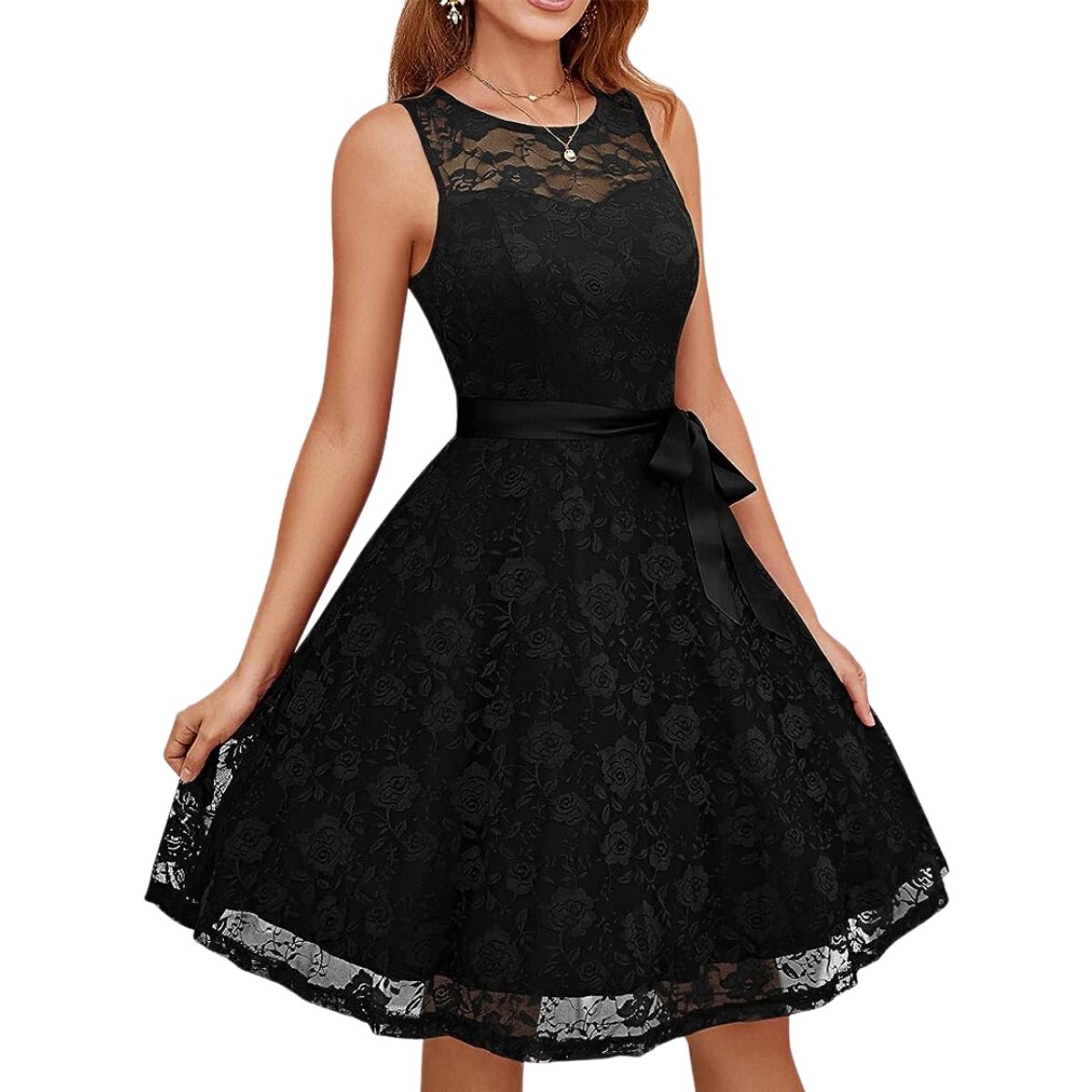 GENERICO - VESTIDO ACAMPANADO TODO DE ENCAJE  SIN  MANGAS  IDEAL PARA FIESTA