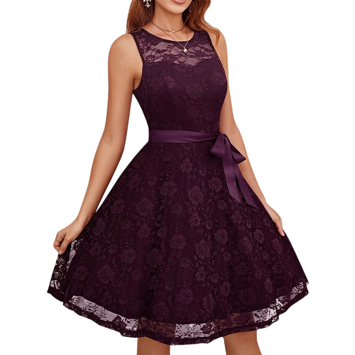 GENERICO - VESTIDO ACAMPANADO TODO DE ENCAJE  SIN  MANGAS  IDEAL PARA FIESTA