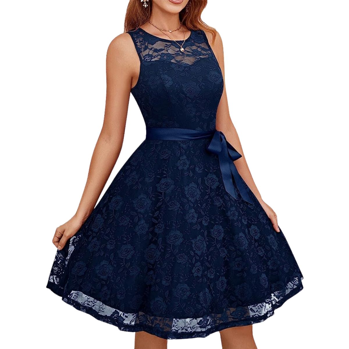 GENERICO - VESTIDO ACAMPANADO TODO DE ENCAJE  SIN  MANGAS  IDEAL PARA FIESTA