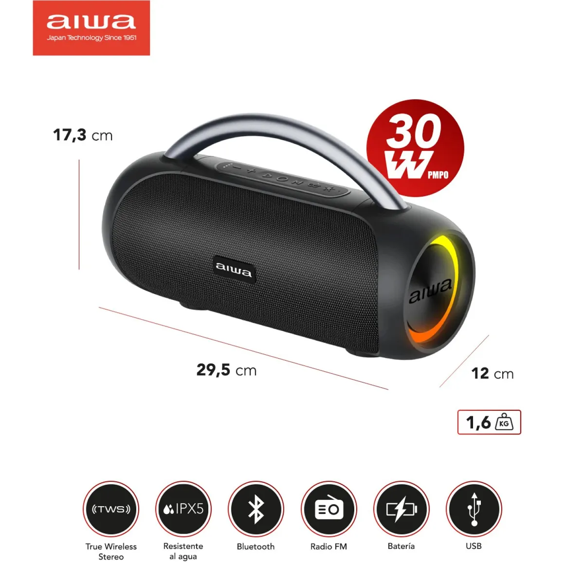 AIWA - Parlante Bluetooth Aiwa 20w Portatil Ipx5 Con Tws Aws-10bt