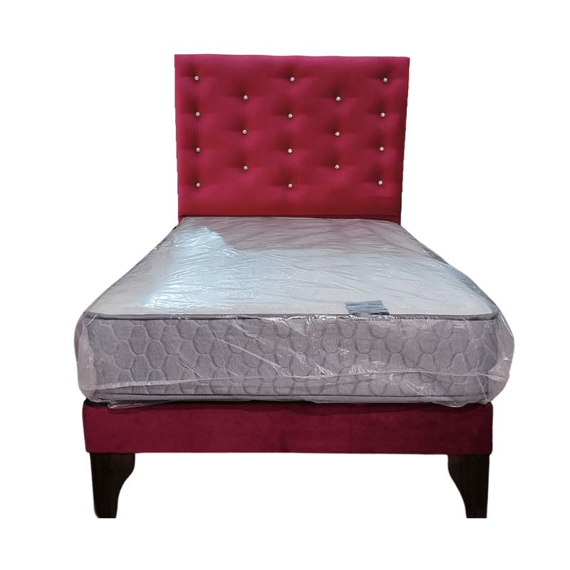 GENERICO - Cama Europea 1.5 Plazas + Respaldo Burdeo A Piso + Colchón Resorte