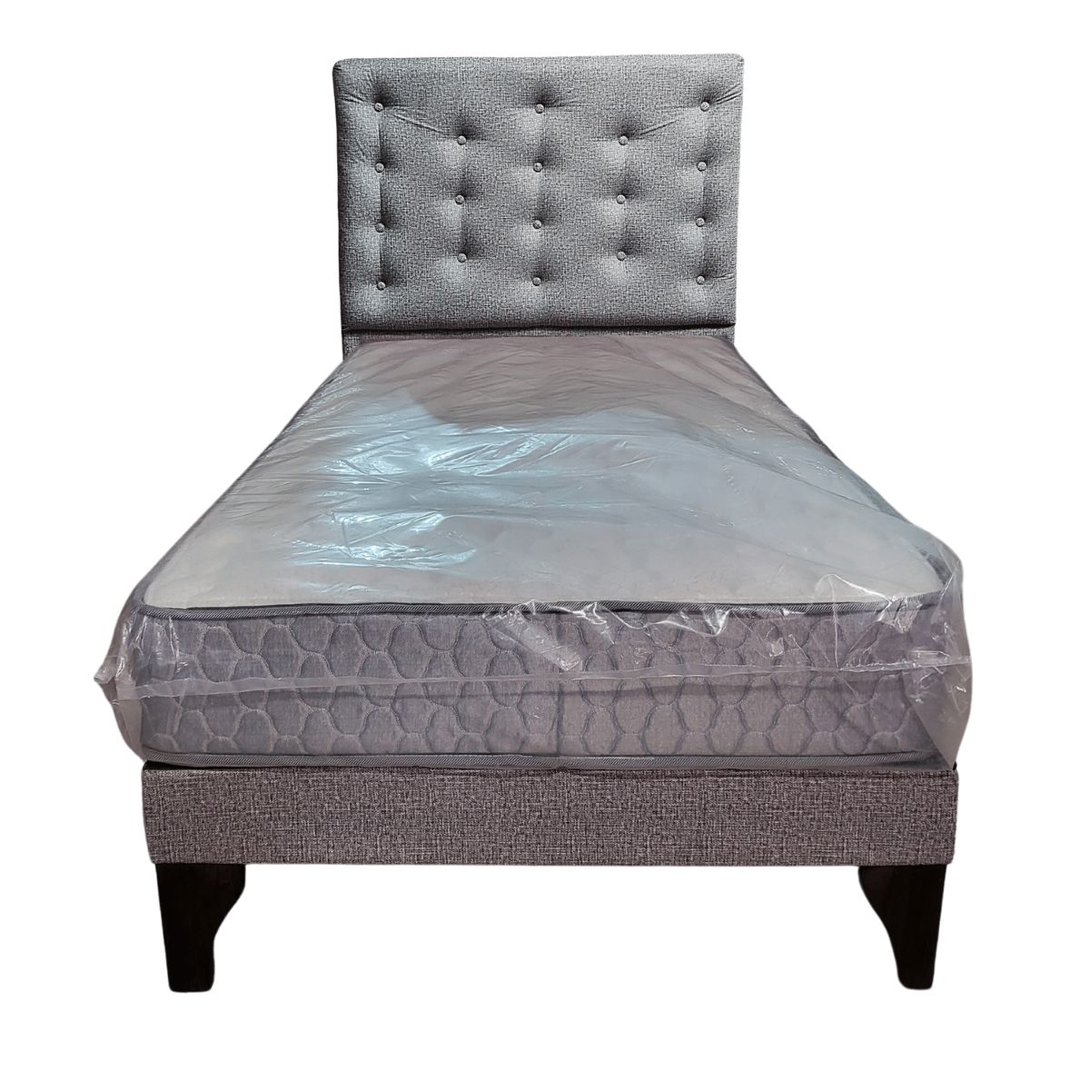 GENERICO - Cama Europea 1.5 Plazas + Respaldo Gris A Piso + Colchón Resorte