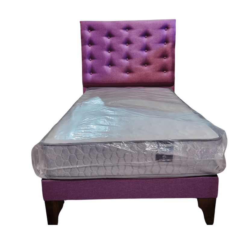 GENERICO - Cama Europea 1.5 Plazas + Respaldo Morado A Piso + Colchón Resorte