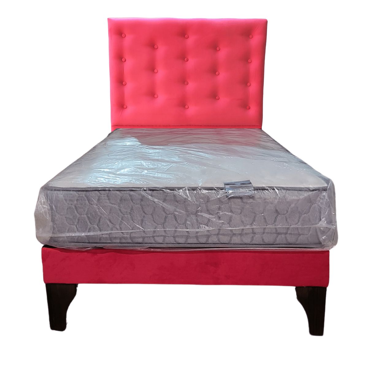 GENERICO - Cama Europea 1.5 Plazas + Respaldo Rojo A Piso + Colchón Resorte