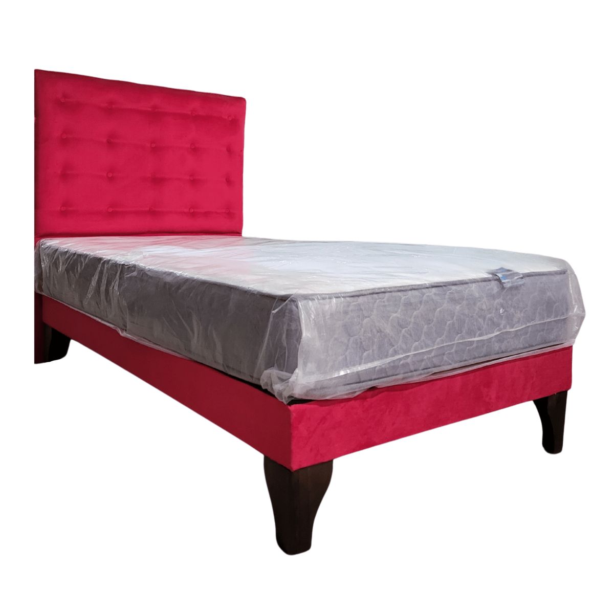 GENERICO - Cama Europea 1.5 Plazas + Respaldo Rojo A Piso + Colchón Resorte