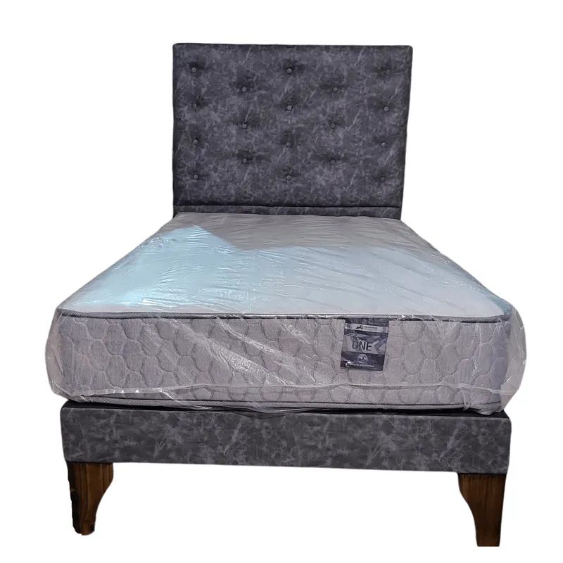 GENERICO - Cama Europea 1.5 Plazas + Respaldo Gris A Piso + Colchón Resorte