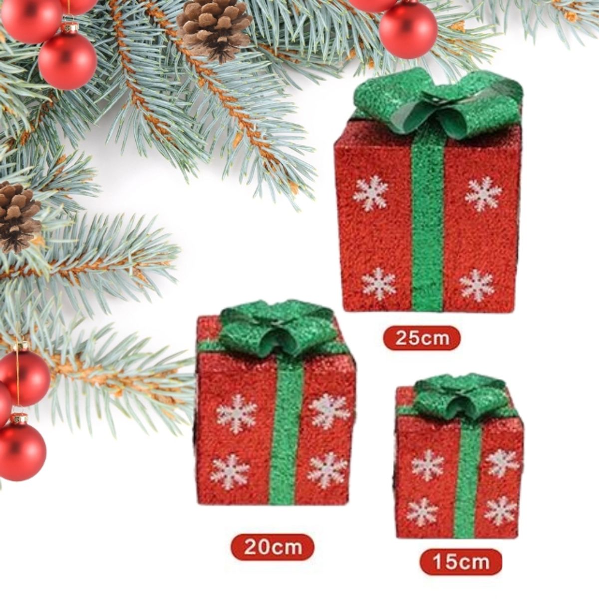 GENERICO - Set de 3 Cajas Regalos Color Verde Con Luces Led Ideal para Navidad