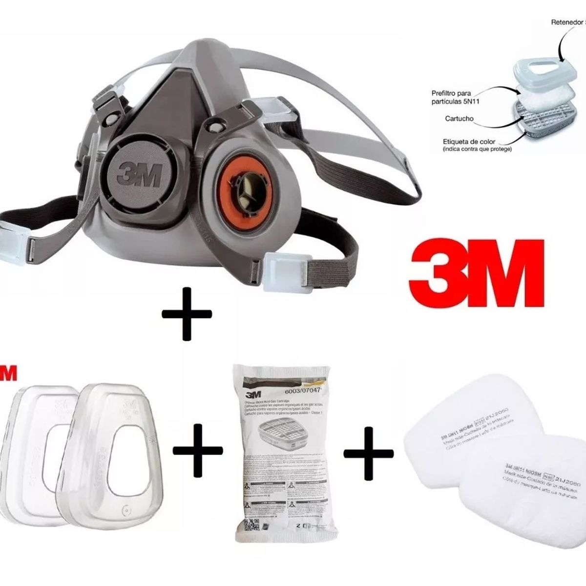 3M - Respirador 3m 6000 + Filtros 6003 + Retenedor + Pre-filtro