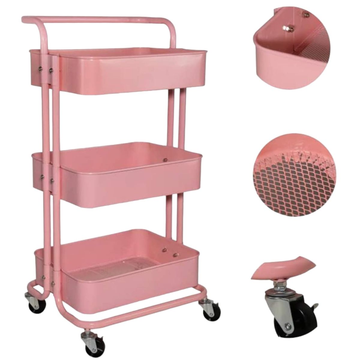 GENERICO - Carrito Organizador Metálico De 3 Niveles Con Ruedas Rosa