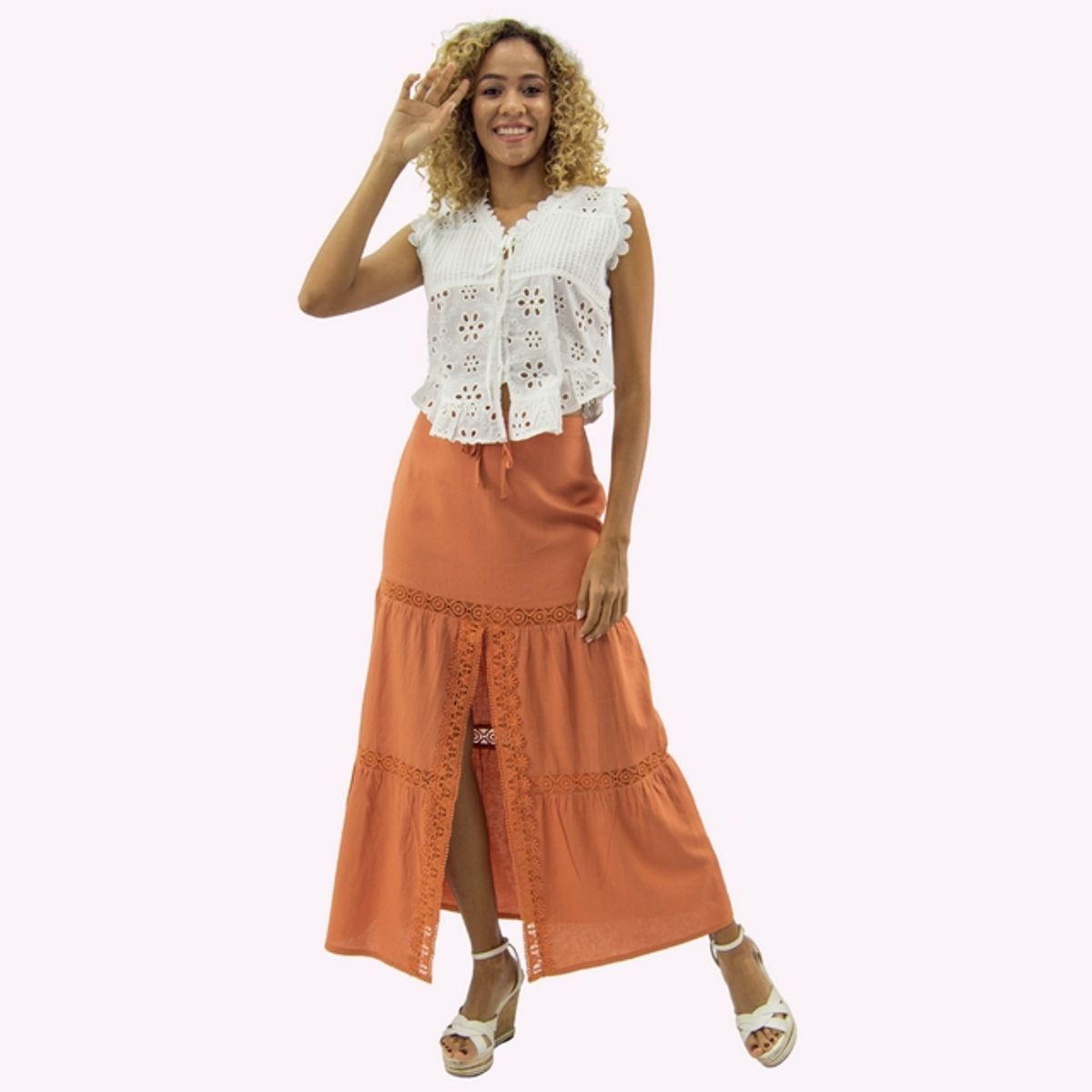 TENTATION - Falda Lino Broderie Ladrillo