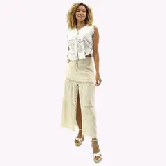 TENTATION - Falda Lino Broderie Beige