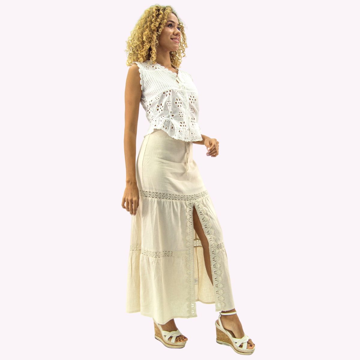 TENTATION - Falda Lino Broderie Beige