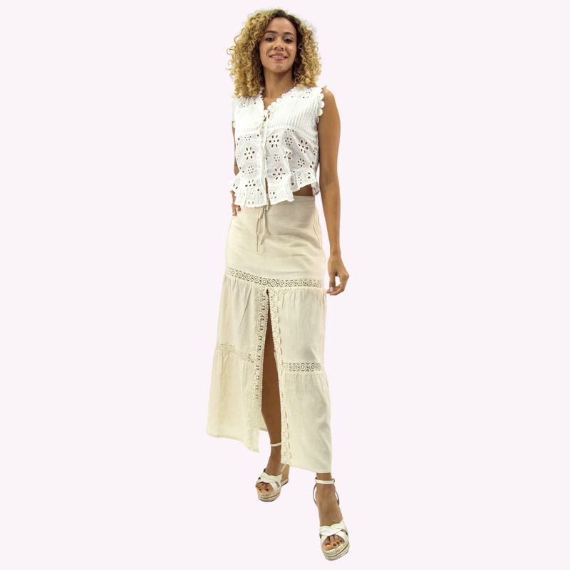 TENTATION - Falda Lino Broderie Beige