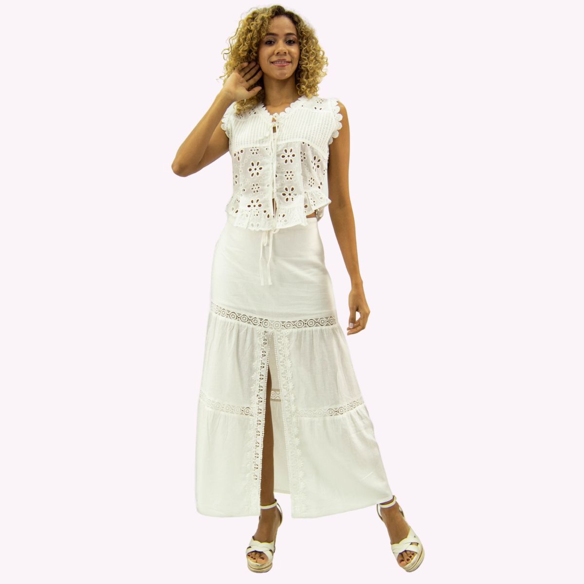 TENTATION - Falda Lino Broderie Blanca