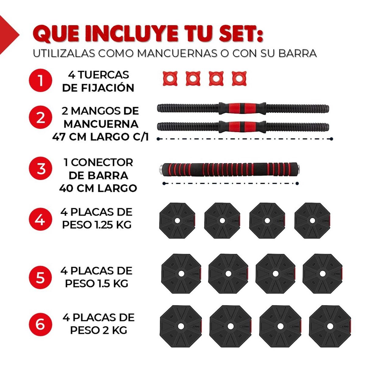 FITNICS - Mancuernas Ajustables 20 Kg Total Set 2en1 Fitnics + Barra