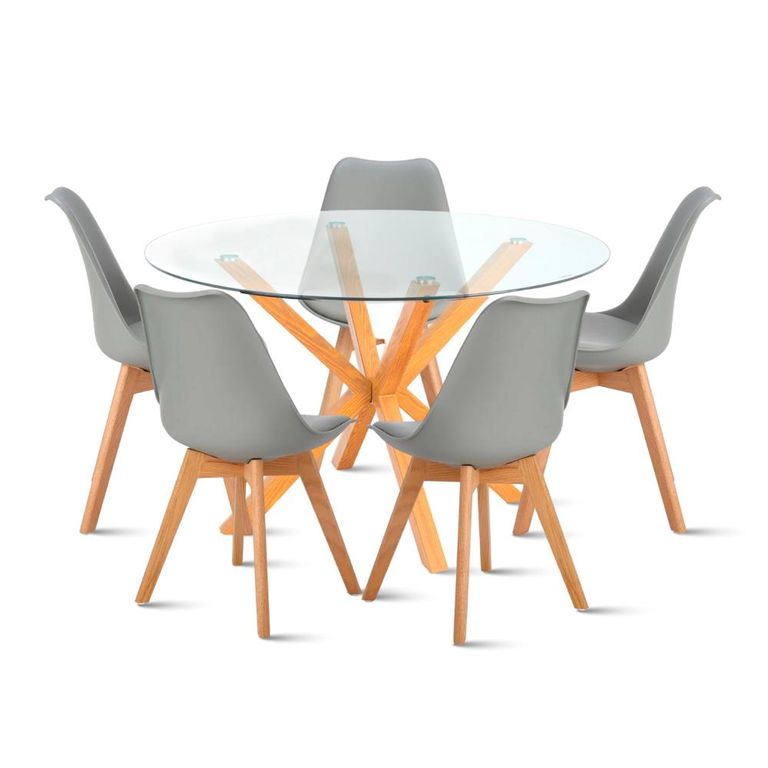 Comedor redondo de vidrio Cross 120cm + 5 Silla Tulip Acolchada - Gris