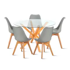KLIK - Comedor redondo de vidrio Cross 120cm + 5 Silla Tulip Acolchada - Gris