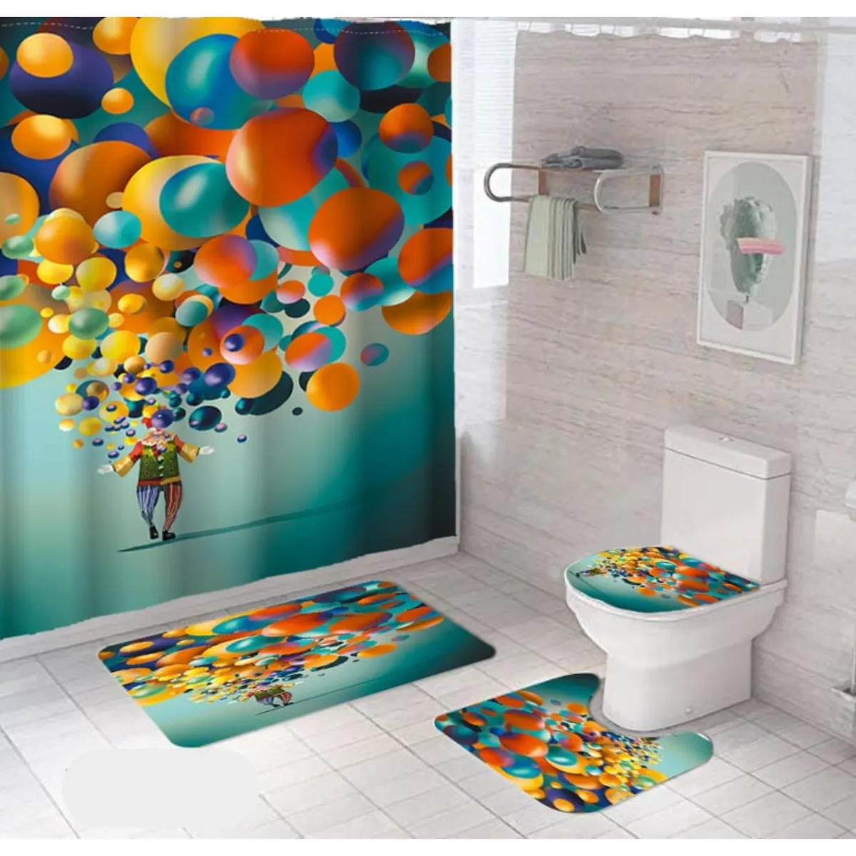 GENERICO - SET de baño COMPLETO 4 piezas CON DISEÑO DE GLOBOS MULTICOLOR