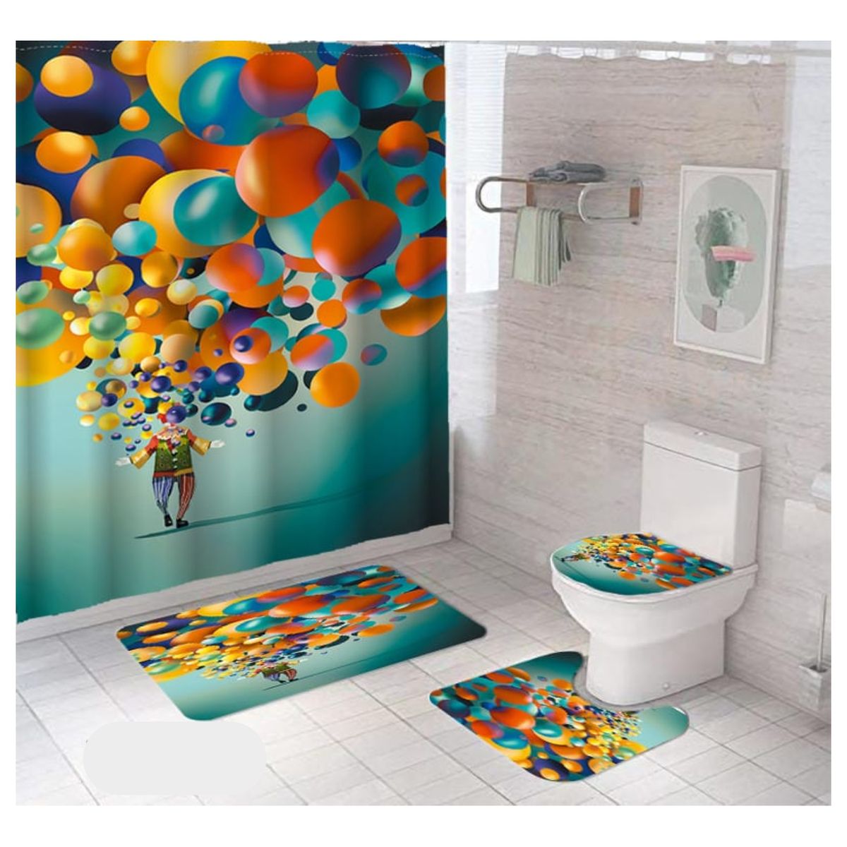 GENERICO - SET de baño COMPLETO 4 piezas CON DISEÑO DE GLOBOS MULTICOLOR