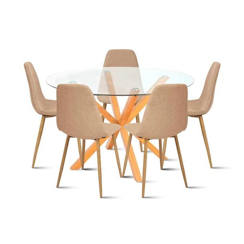 KLIK - Comedor redondo de vidrio Cross 120cm + 5 Silla Spoon Velvet - Beige KLIK