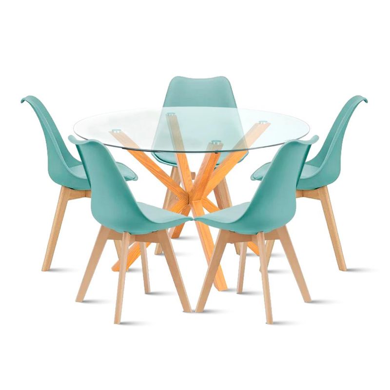 KLIK - Comedor redondo de vidrio Cross 120cm + 5 Silla Tulip Acolch