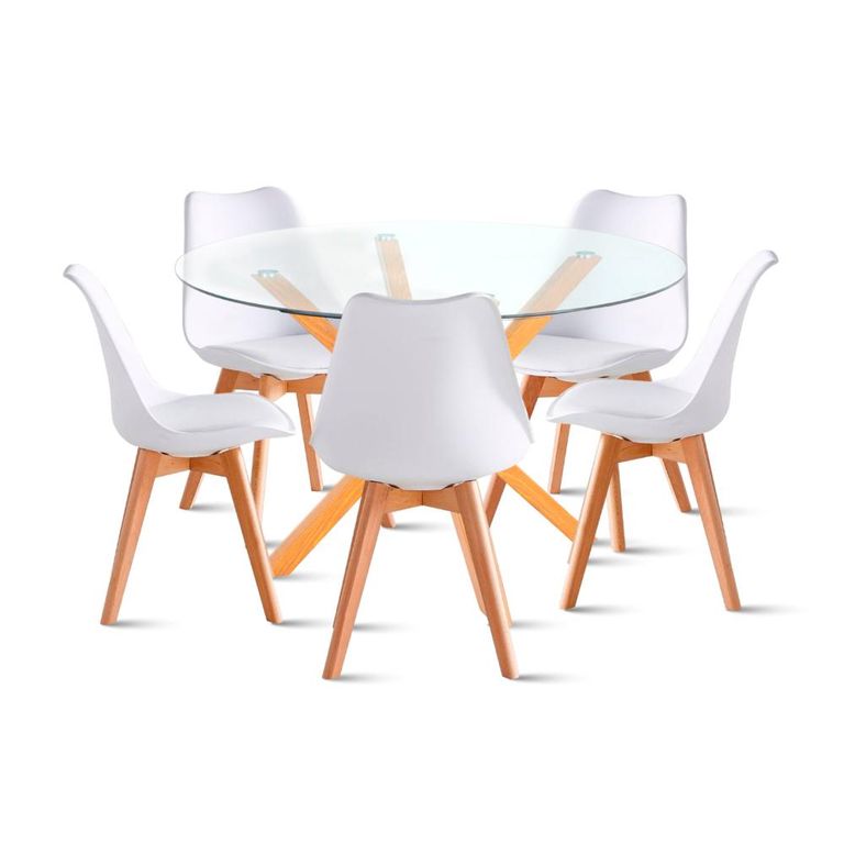 Comedor redondo de vidrio Cross 120cm + 5 Silla Tulip Acolchada - Blanca