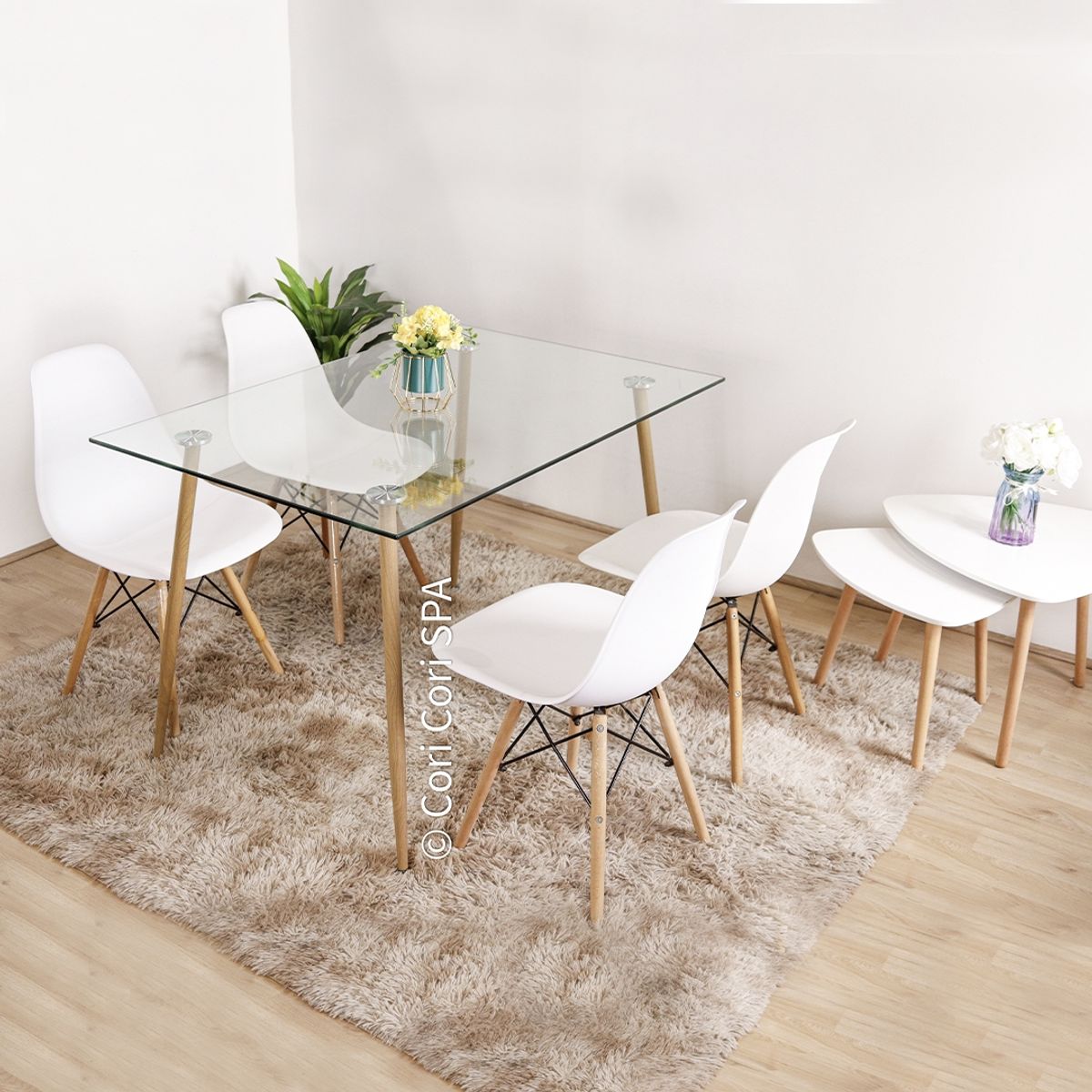 CORI CORI - Juego de Comedor Vidrio 120x 80 cm + 4 Sillas Eames Blanco