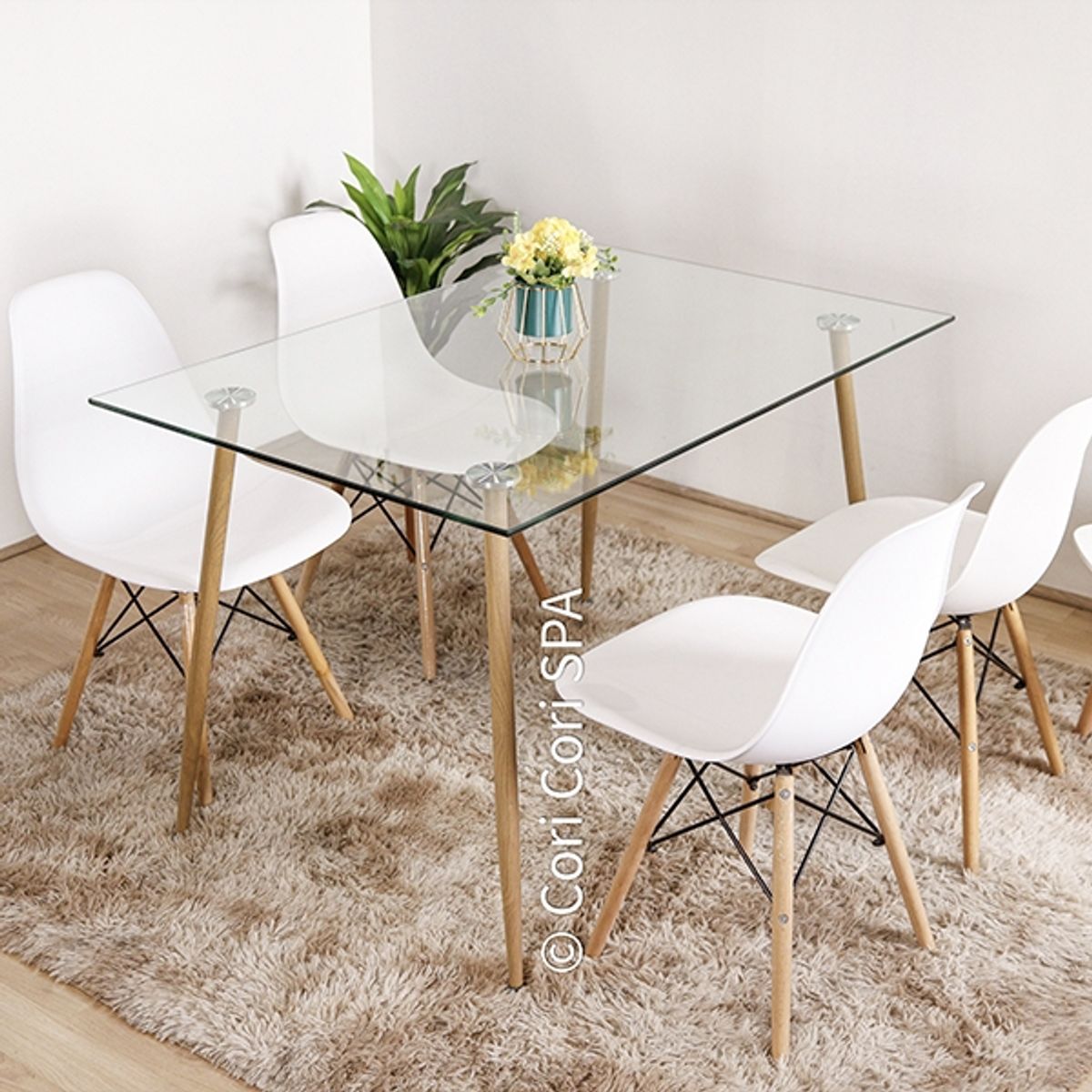 CORI CORI - Juego de Comedor Vidrio 120x 80 cm + 4 Sillas Eames Blanco