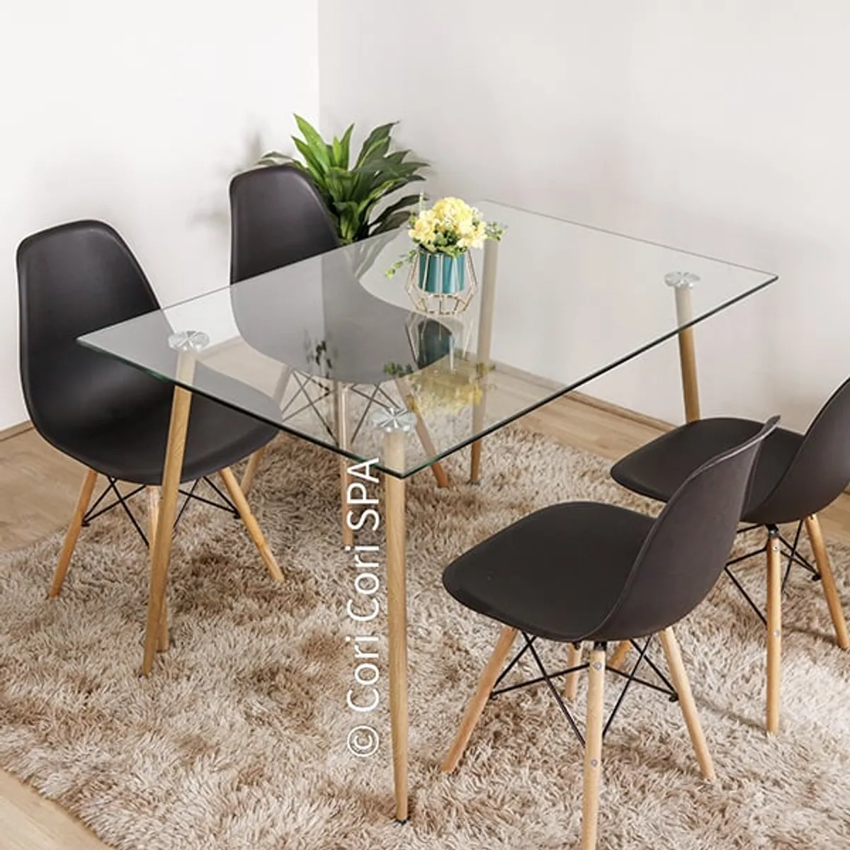 CORI CORI - Juego de Comedor Vidrio 120x 80cm + 4 Sillas Eames Negro