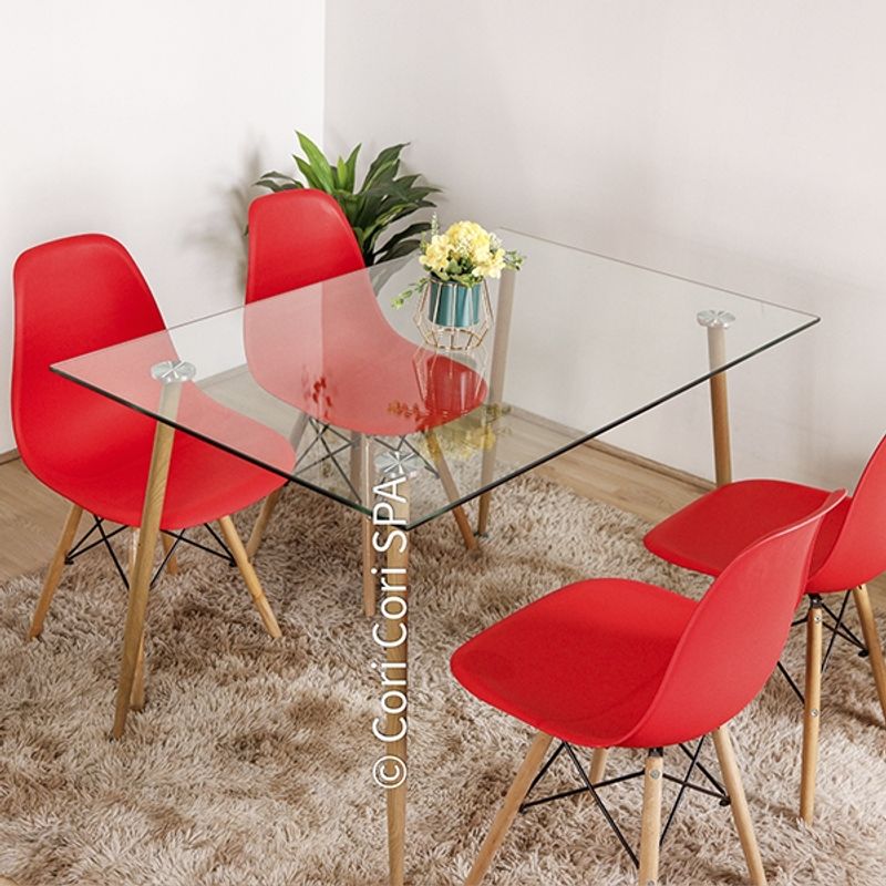 CORI CORI - Juego de Comedor Vidrio 130 x 80cm + 4 Sillas Eames Rojo