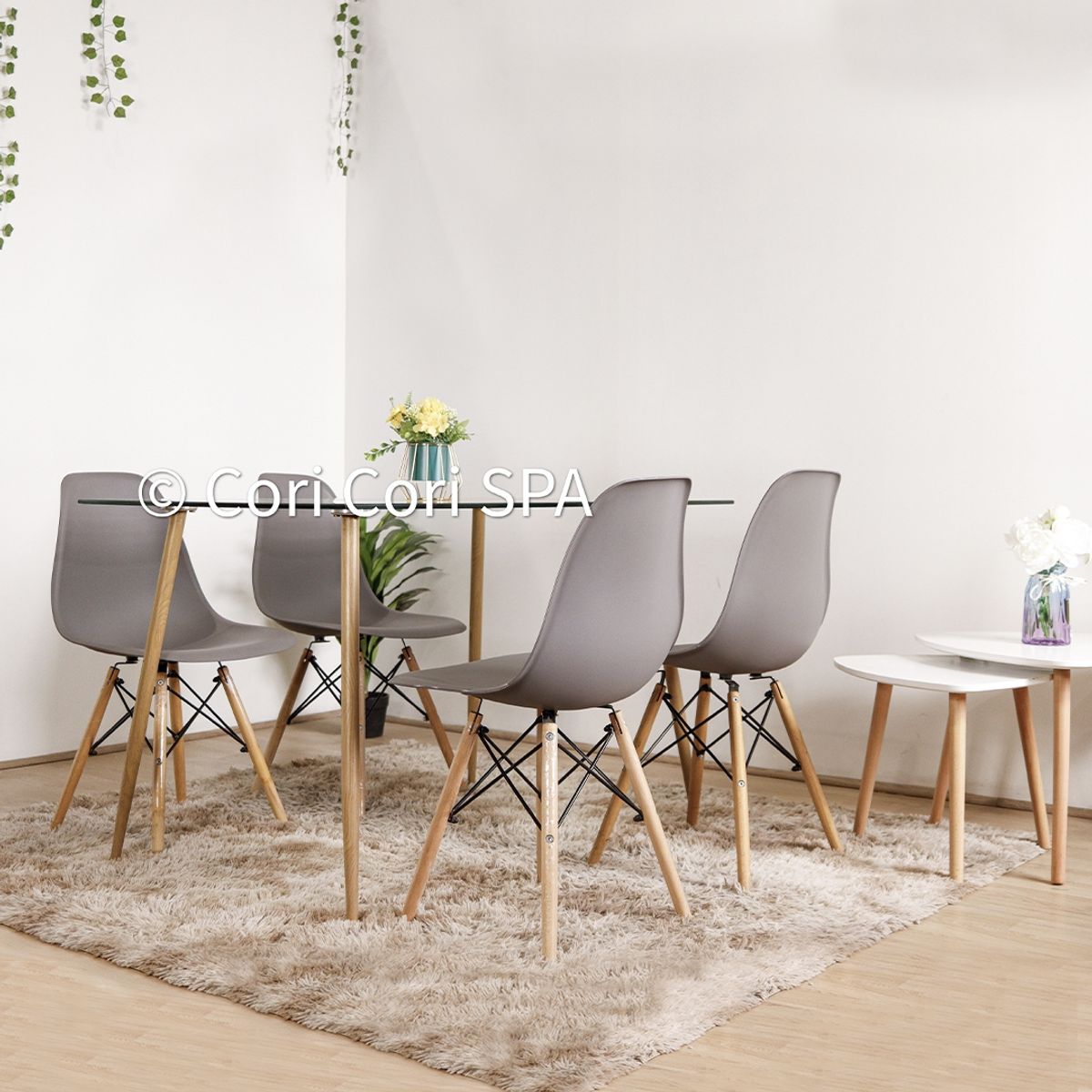 CORI CORI - Juego de Comedor Vidrio 120x 80 cm + 4 Sillas Eames Gris