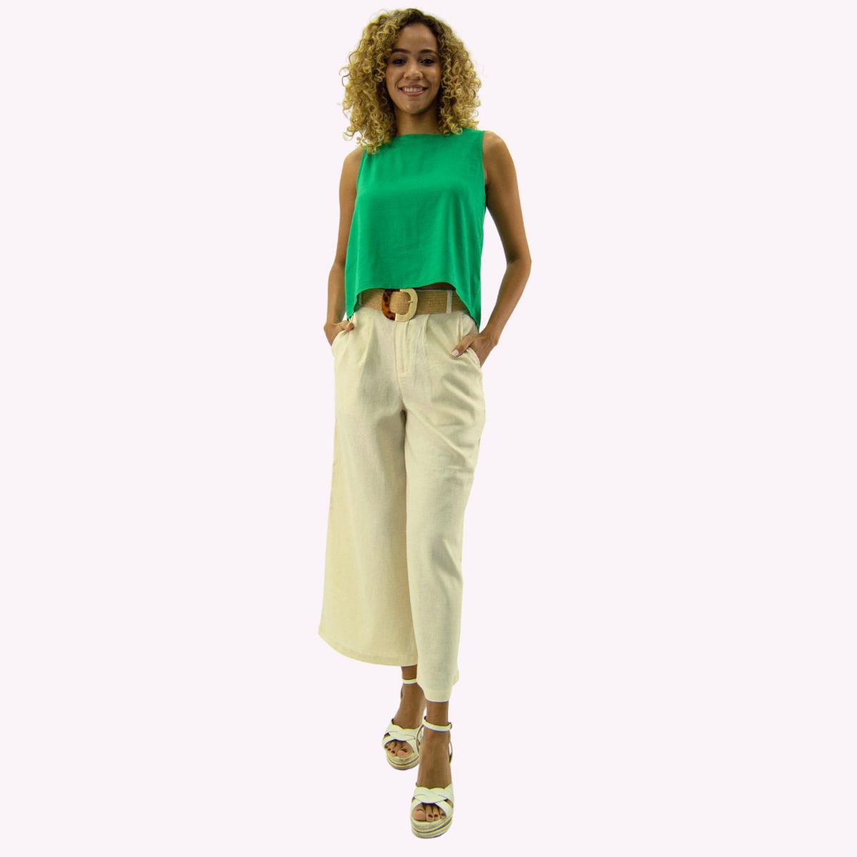 TENTATION - Pantalon Cropped Palazzo Lino Beige